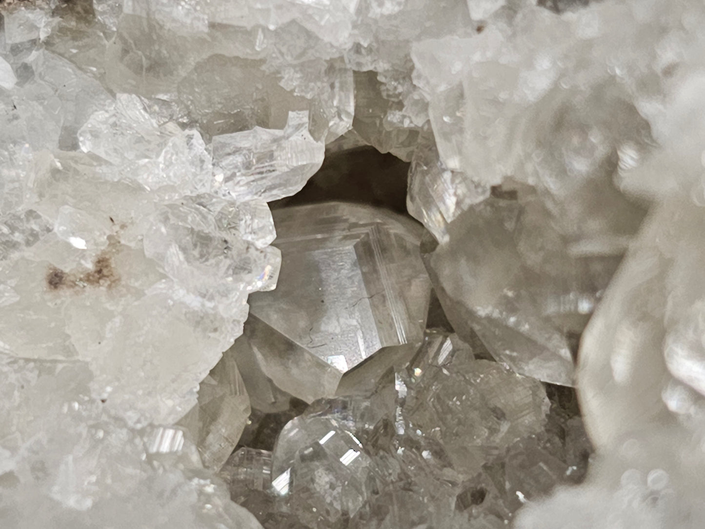 #33053 Super clear Nailhead Spar Calcite cluster, Chalcopyrite ore and multiple small fossils in the matrix
