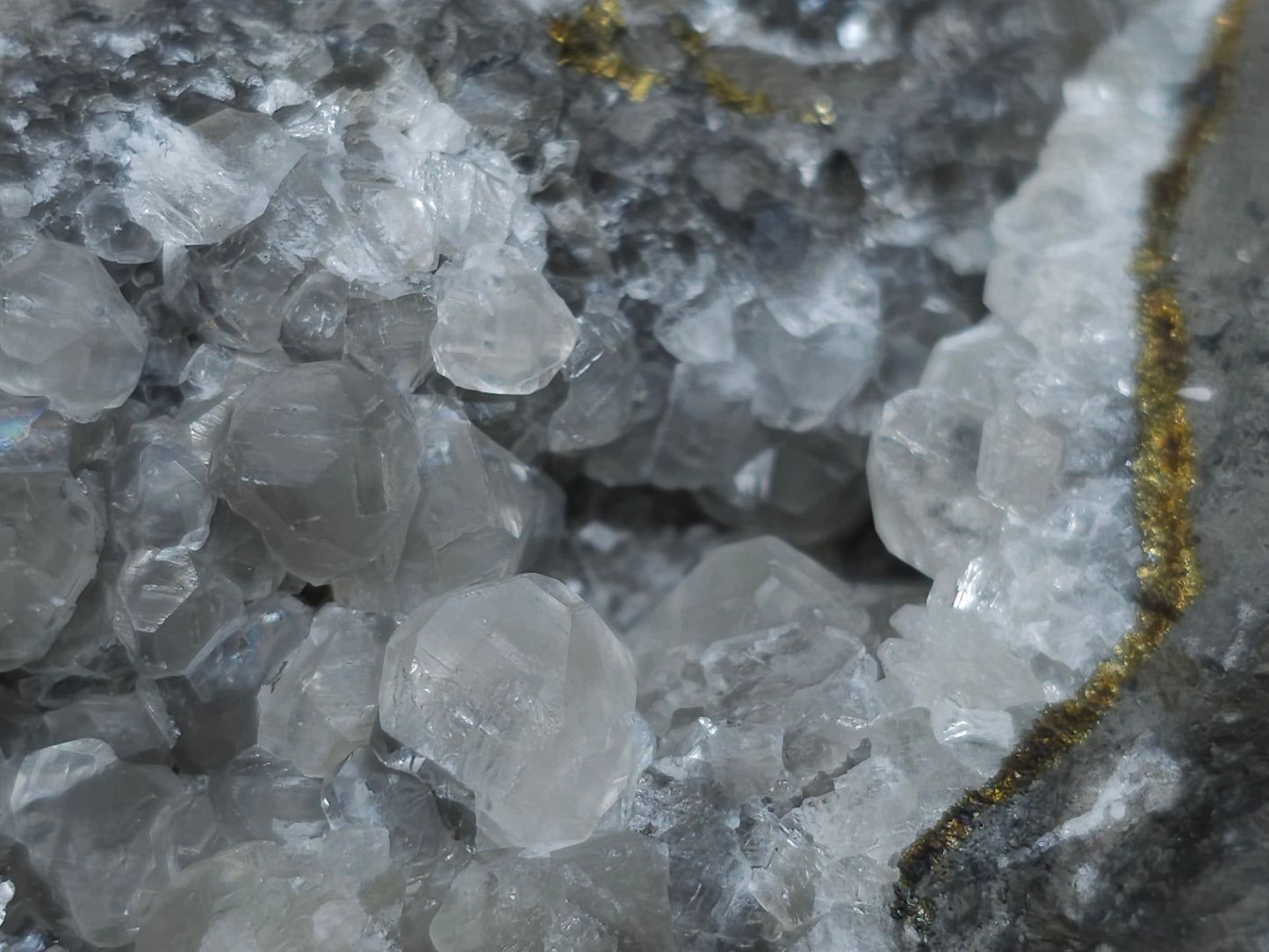 #33085 Super clear Nailhead Spar Calcite cluster, Chalcopyrite ore and multiple small fossils in the matrix
