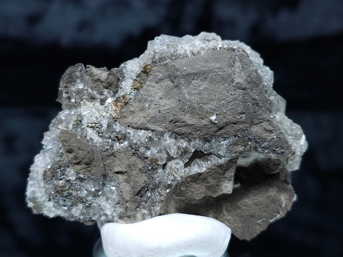 #33056 Super clear Nailhead Spar Calcite cluster, Chalcopyrite ore and multiple small fossils in the matrix