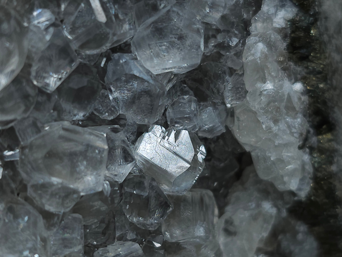 #33066 Super clear Nailhead Spar Calcite cluster, Chalcopyrite ore and multiple small fossils in the matrix