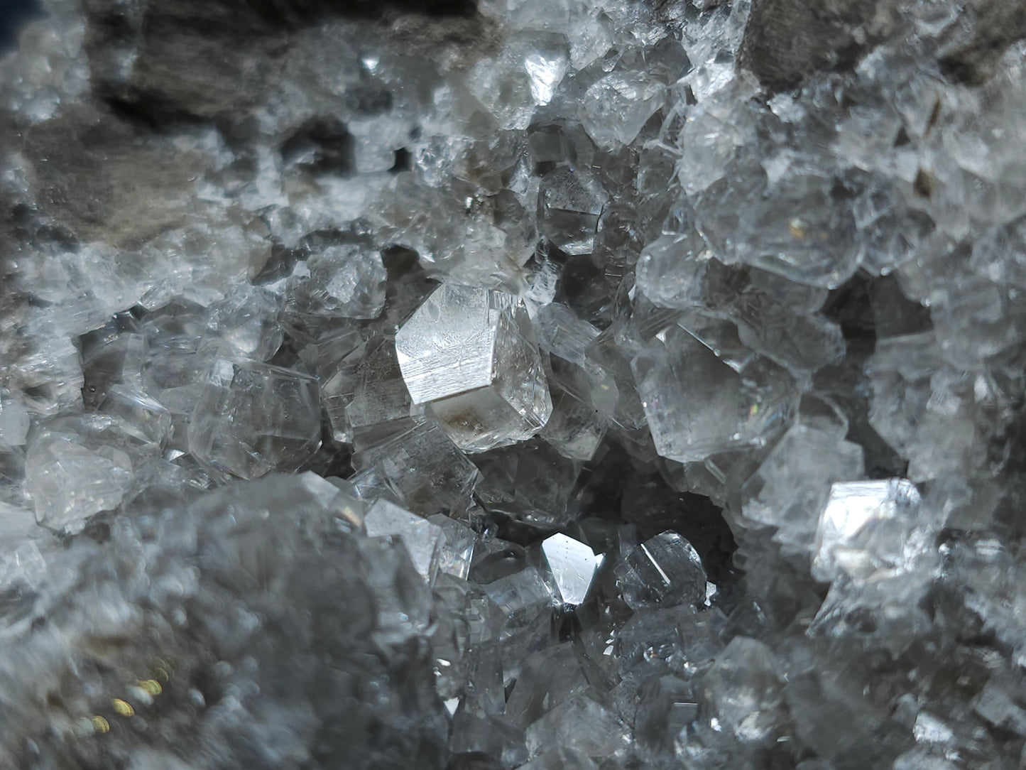 #33092 Super clear Nailhead Spar Calcite cluster, Chalcopyrite ore and multiple small fossils in the matrix
