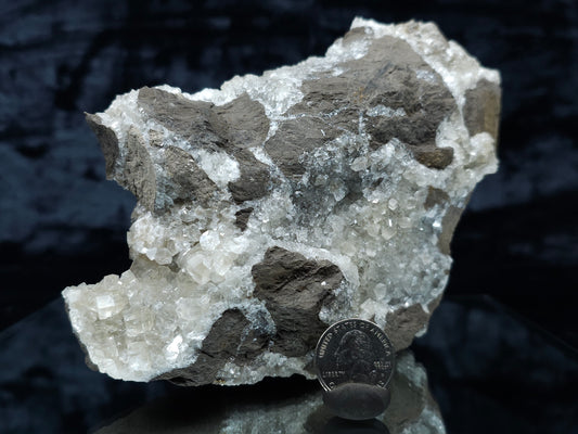 #33090 Super clear Nailhead Spar Calcite geode, Chalcopyrite ore and multiple small fossils in the matrix