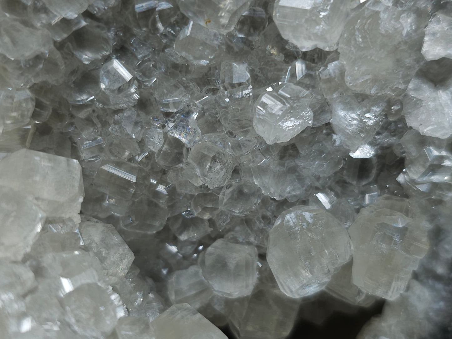 #33093 Super clear Nailhead Spar Calcite geode, Chalcopyrite ore and multiple small fossils in the matrix