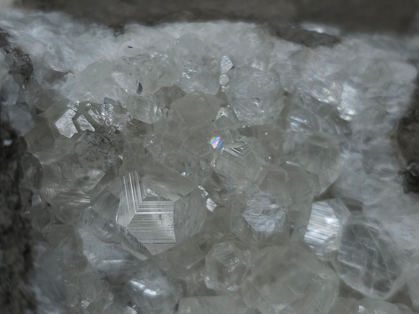 #33113 Super clear Nailhead Spar Calcite geode with Chalcopyrite ore and multiple small fossils in the matrix