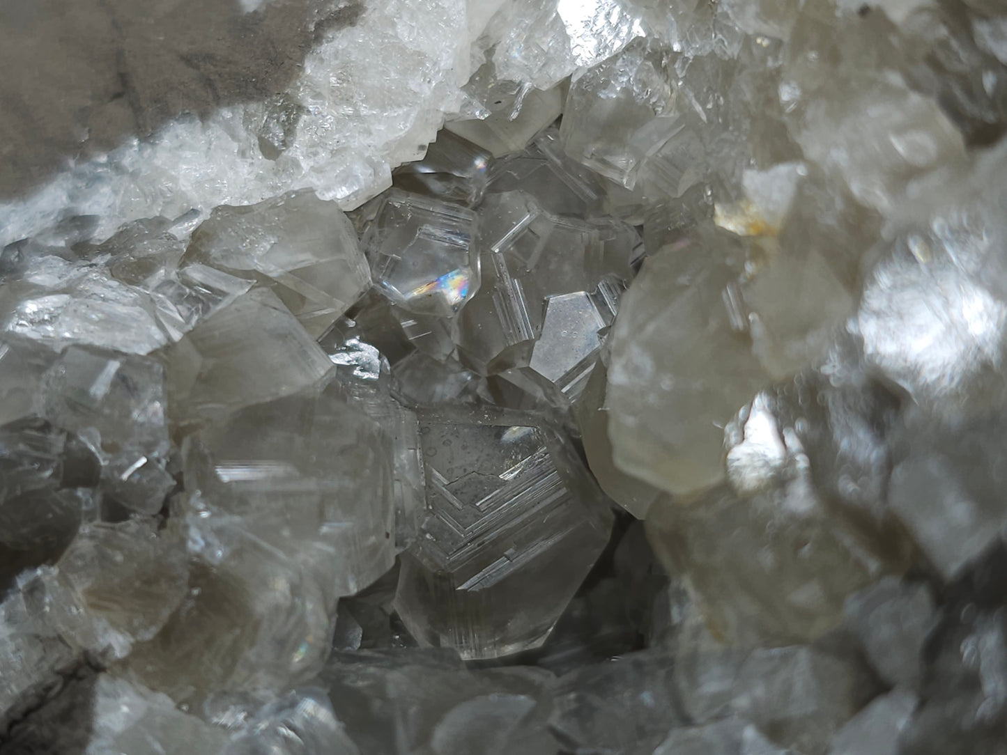 #33107 Super clear Nailhead Spar Calcite geode with Chalcopyrite ore and multiple small fossils in the matrix
