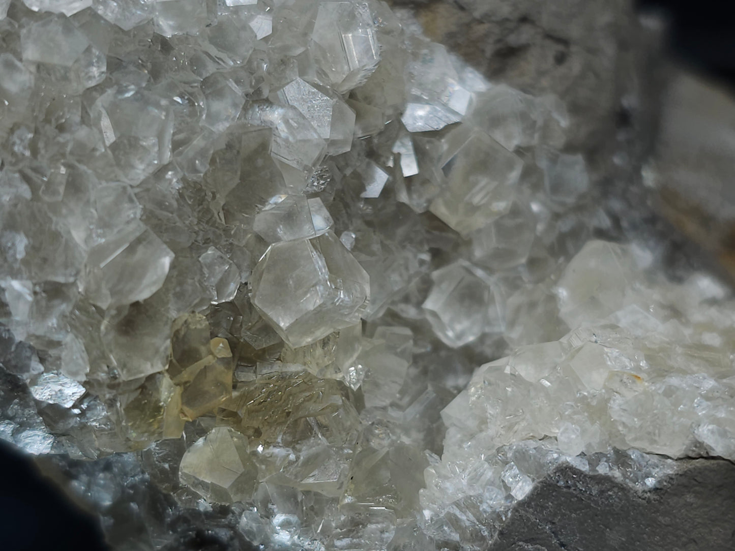 #33075 Super clear Nailhead Spar Calcite cluster, Chalcopyrite ore and multiple small fossils in the matrix
