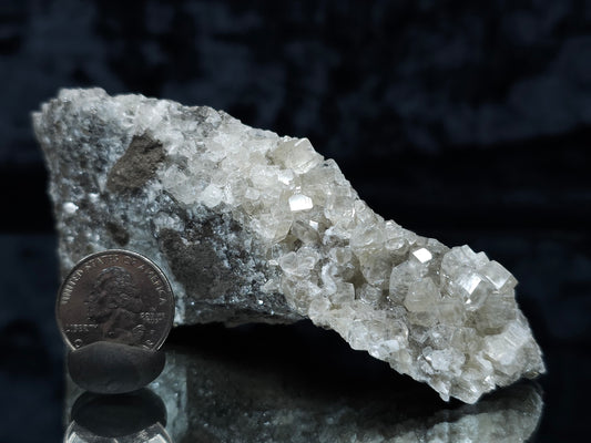 #33079 Super clear Nailhead Spar Calcite cluster, Chalcopyrite ore and multiple small fossils in the matrix.