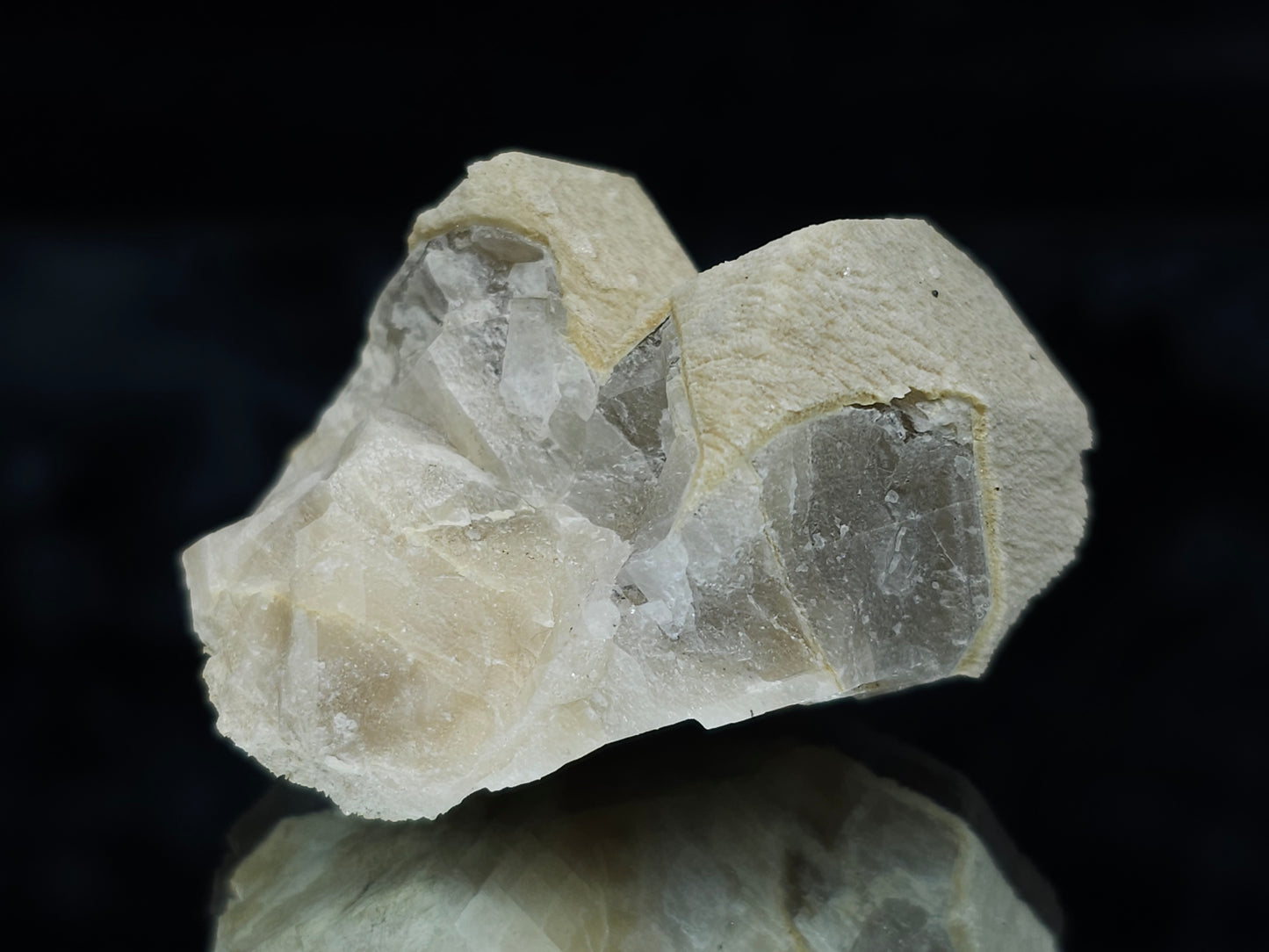 #88026 Hematite on cream-white Calcite pseudomorph after twin Combined from Calcite