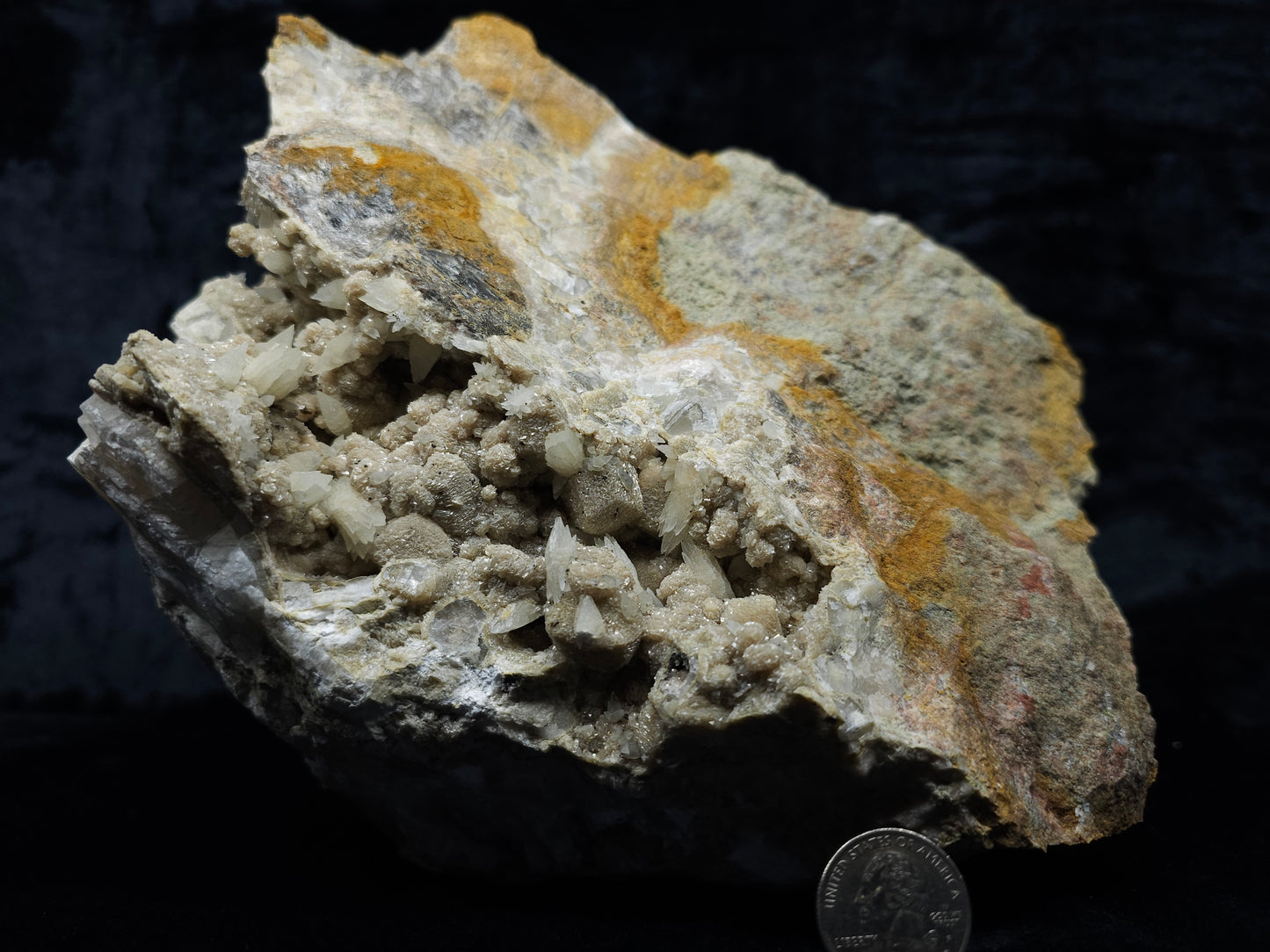 #10030 Hematite and Dogtooth Spar Calcite on white Calcite pseudomorph after Calcite formation