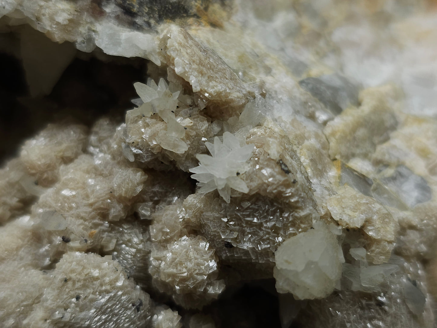 #10030 Hematite and Dogtooth Spar Calcite on white Calcite pseudomorph after Calcite formation