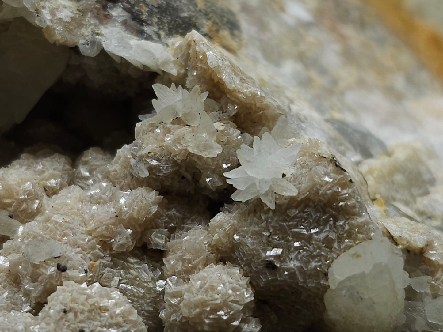 #10030 Hematite and Dogtooth Spar Calcite on white Calcite pseudomorph after Calcite formation