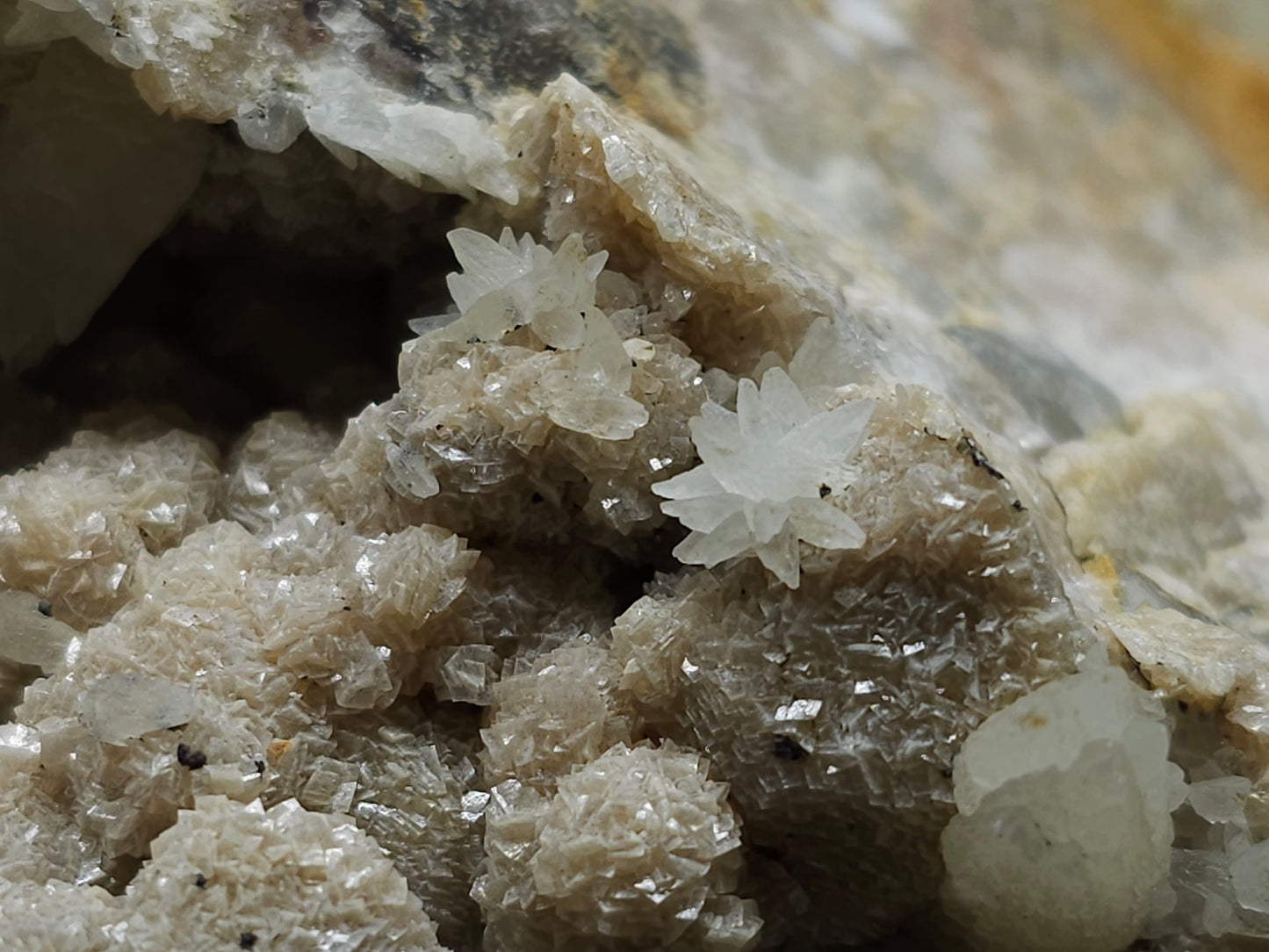 #10030 Hematite and Dogtooth Spar Calcite on white Calcite pseudomorph after Calcite formation