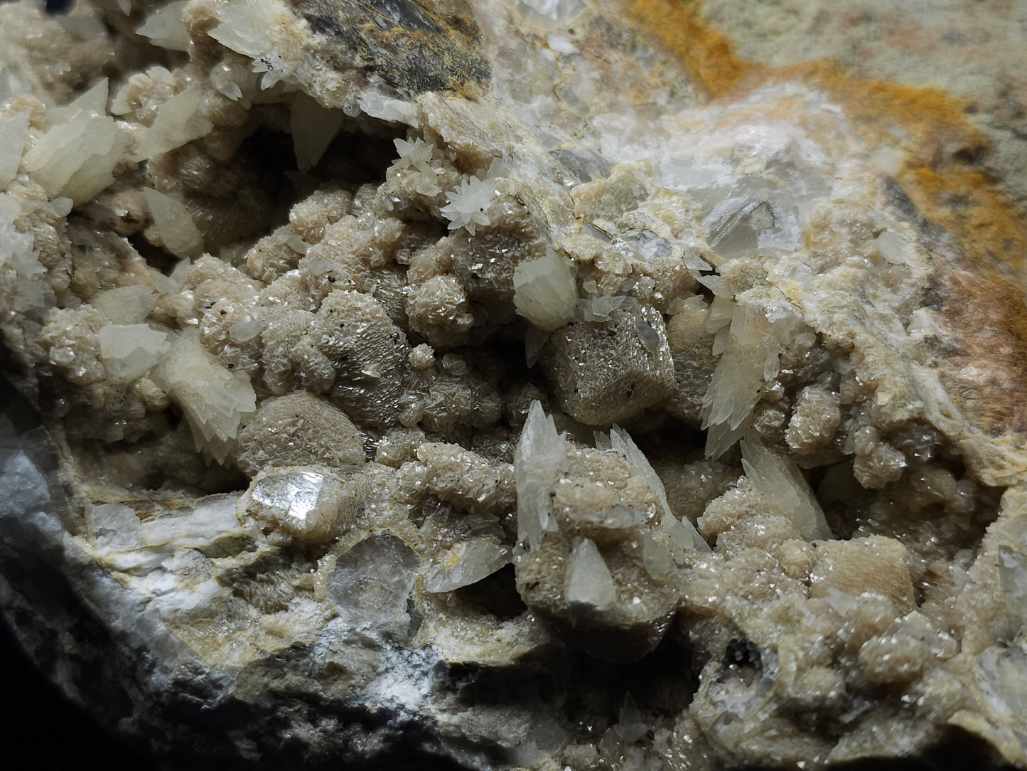 #10030 Hematite and Dogtooth Spar Calcite on white Calcite pseudomorph after Calcite formation