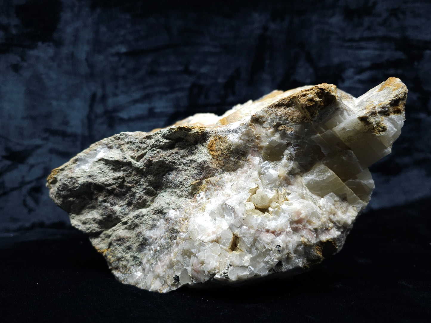 #10030 Hematite and Dogtooth Spar Calcite on white Calcite pseudomorph after Calcite formation