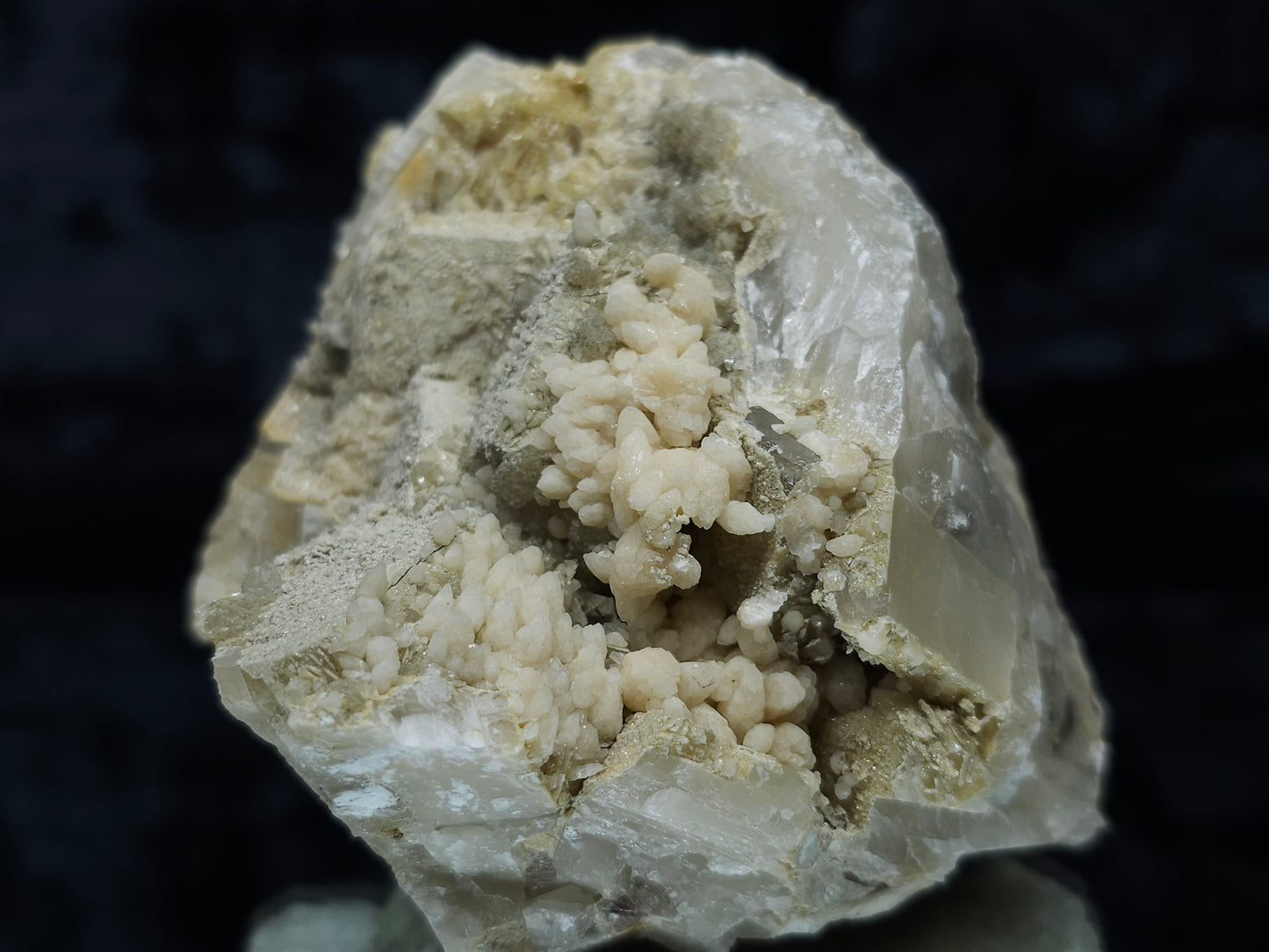 #88129 Spirit Gwindel Quartz formation with uncommon Calcite formation on cream-white Calcite pseudomorph after Combined form Calcite on Calcite matrix