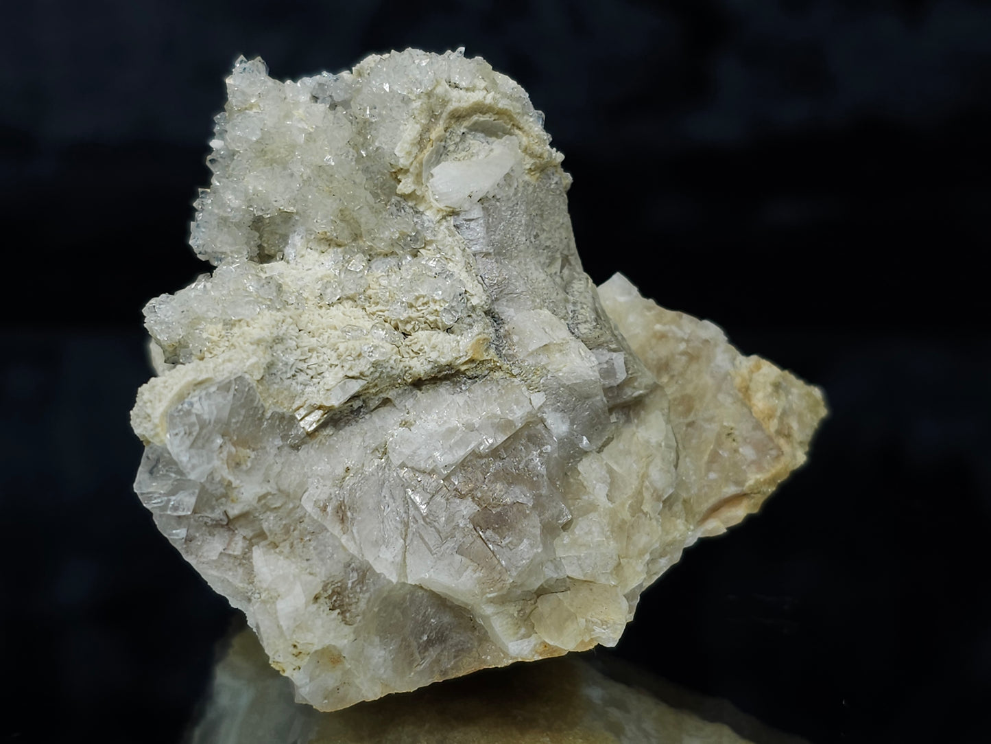 #88134 Spirit Gwindel Quartz on cream-white Calcite pseudomorph after Combined form Calcite