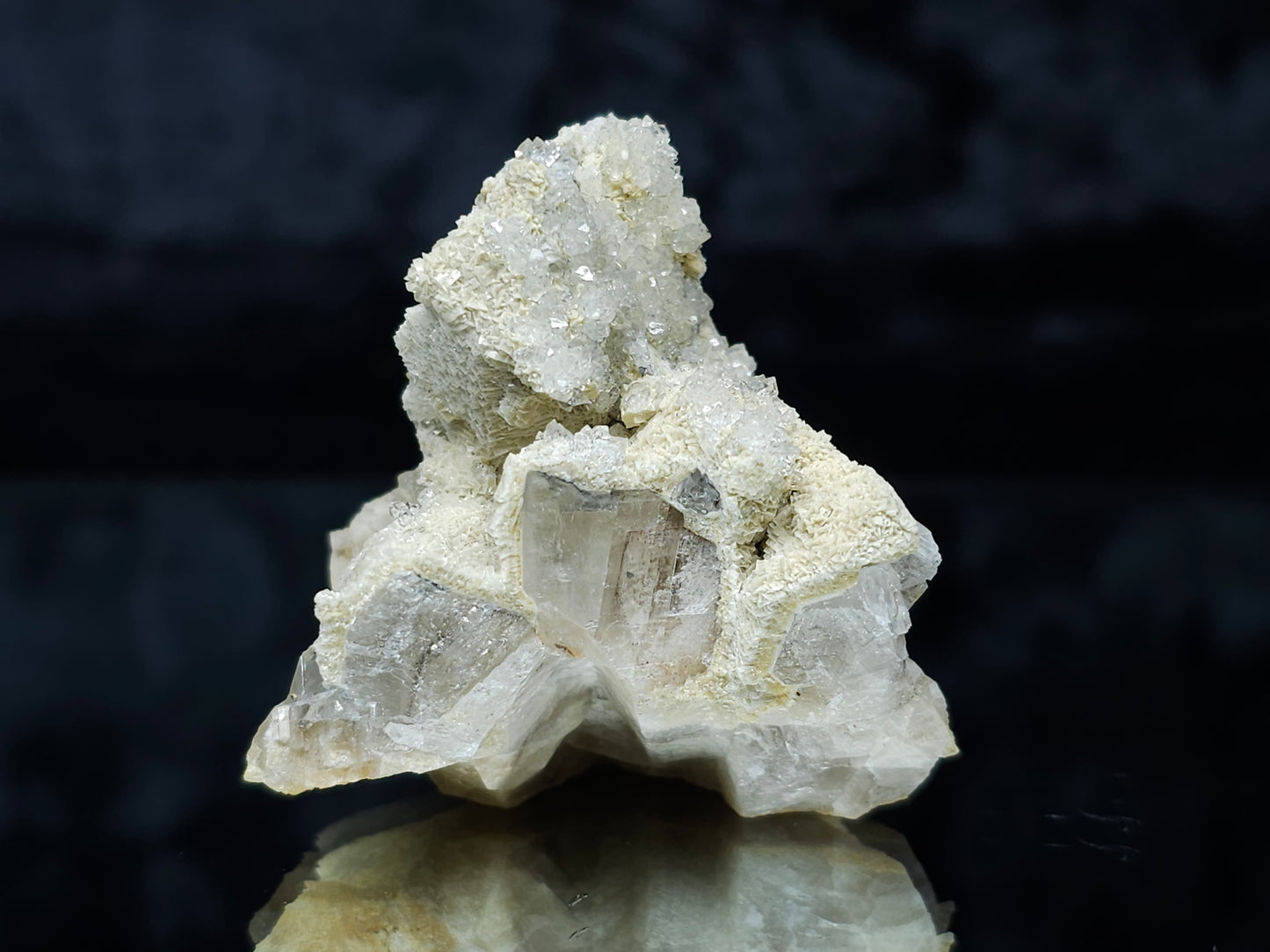 #88134 Spirit Gwindel Quartz on cream-white Calcite pseudomorph after Combined form Calcite