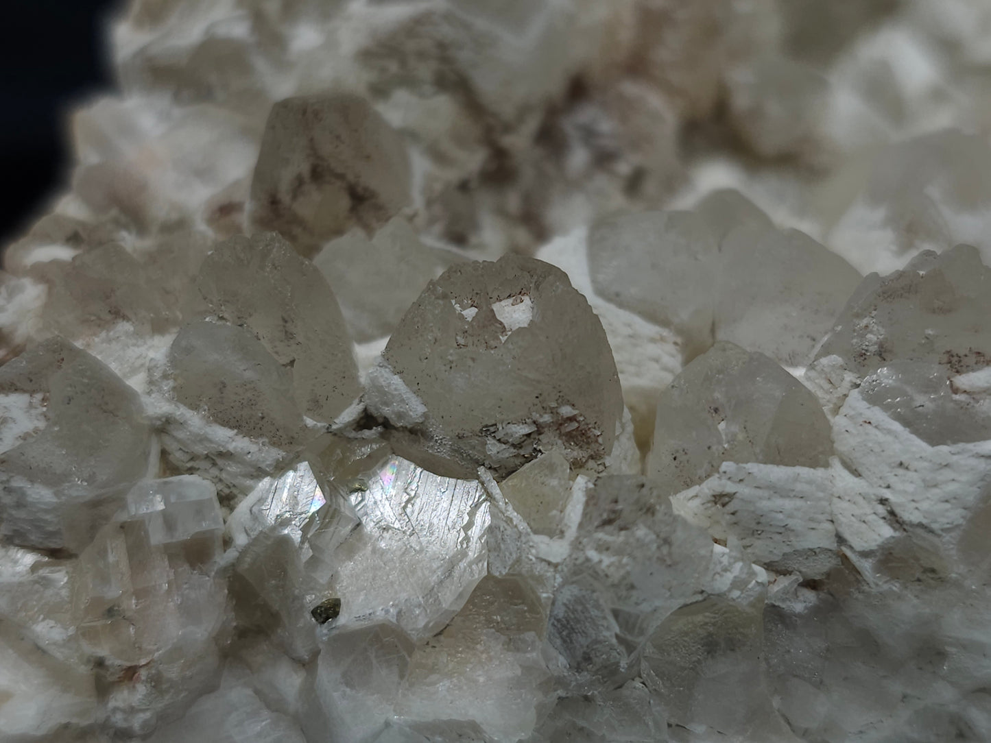 #11251 White Dolomite and Chalcopyrite on Combined form Calcite cluster with Hematite inclusions