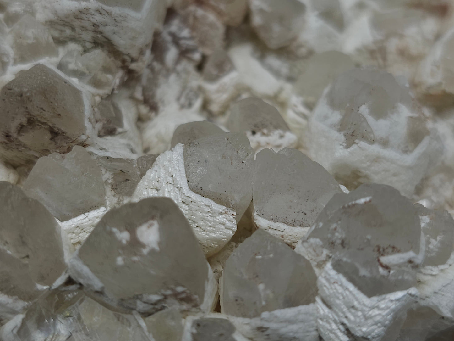 #11251 White Dolomite and Chalcopyrite on Combined form Calcite cluster with Hematite inclusions