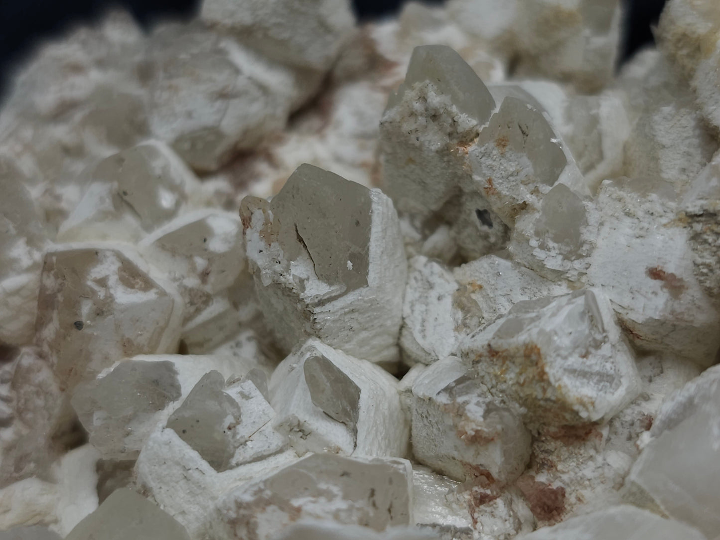 #11251 White Dolomite and Chalcopyrite on Combined form Calcite cluster with Hematite inclusions