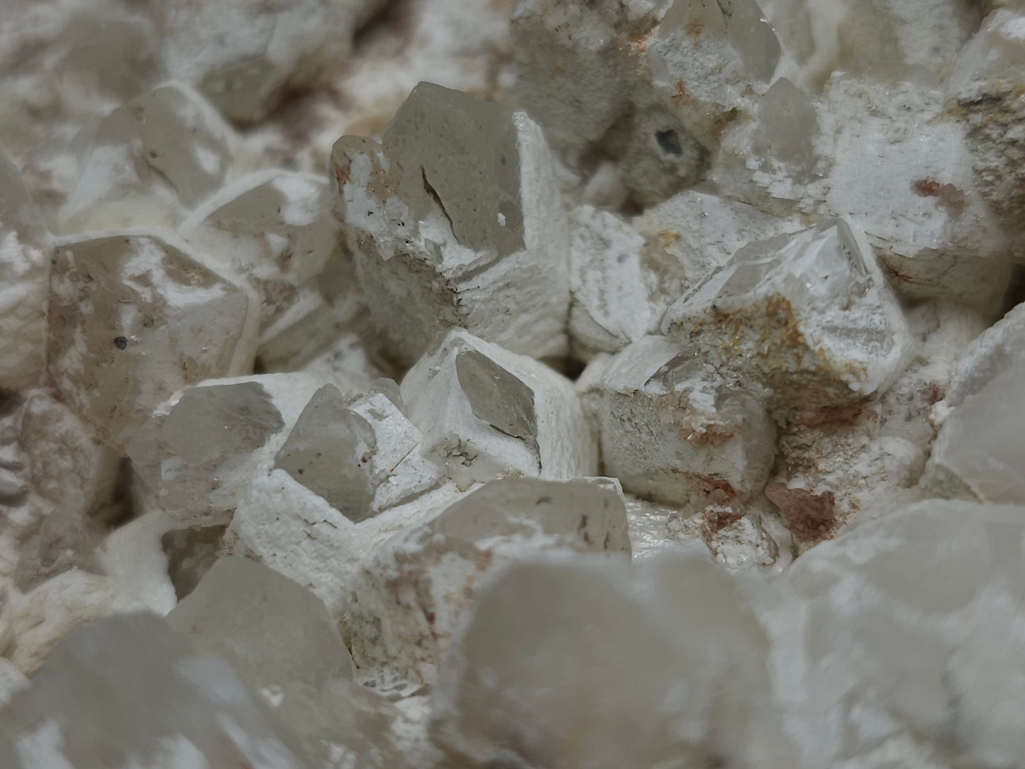 #11251 White Dolomite and Chalcopyrite on Combined form Calcite cluster with Hematite inclusions