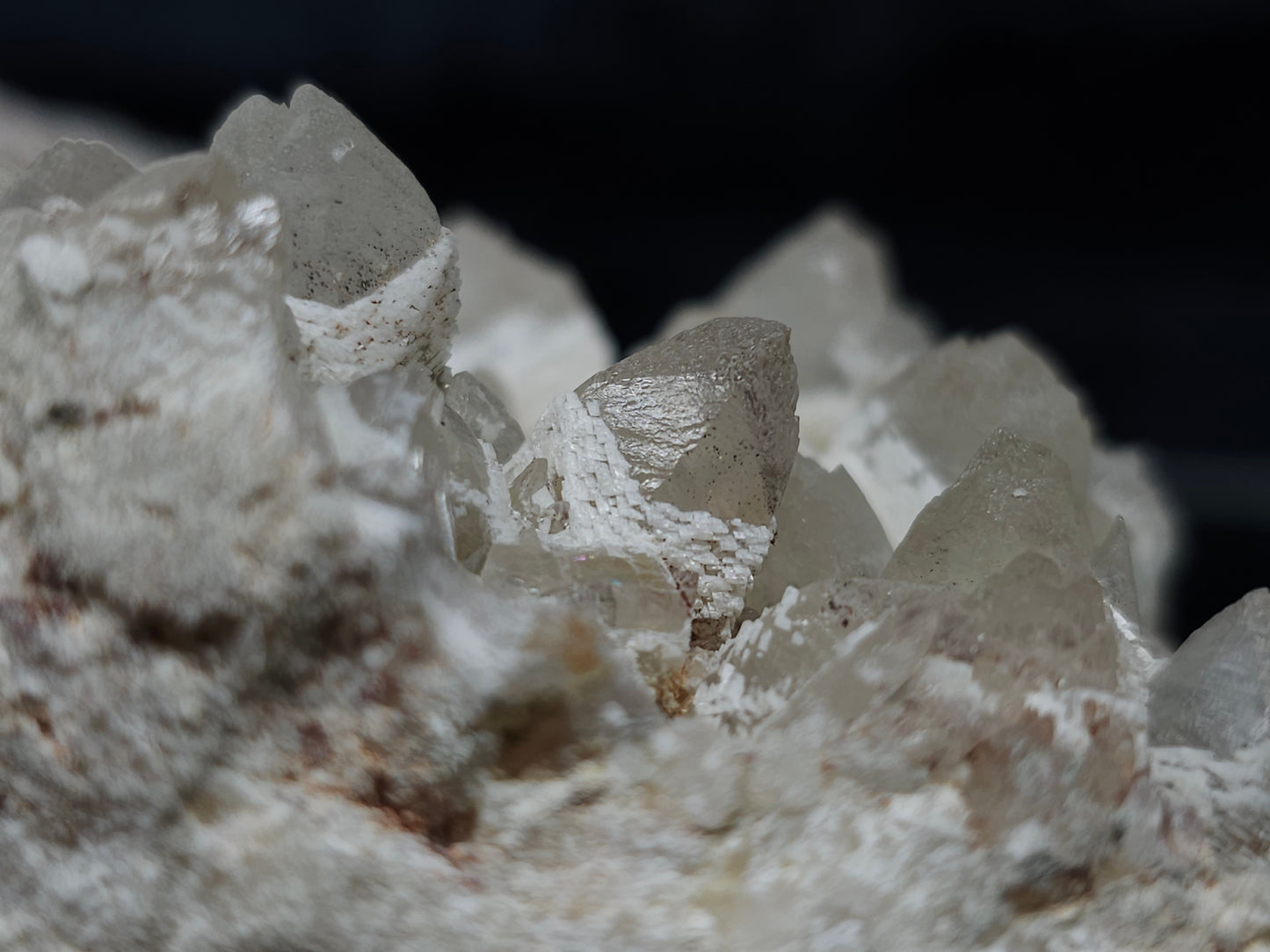 #11251 White Dolomite and Chalcopyrite on Combined form Calcite cluster with Hematite inclusions