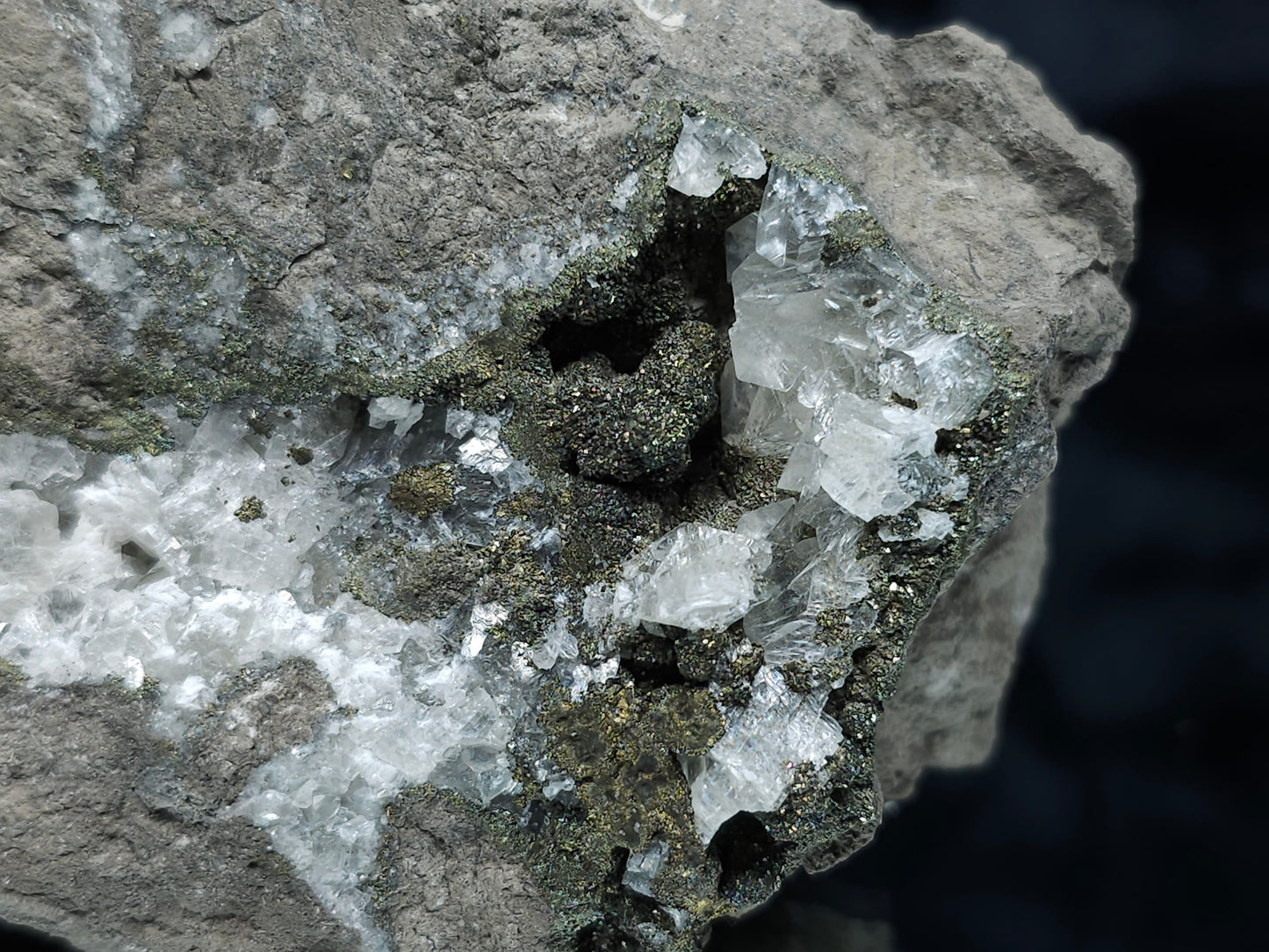 #55006 Clear Baryte crystals after peacock Chalcopyrite ore with multiple fossils in Sedimentary matrix.