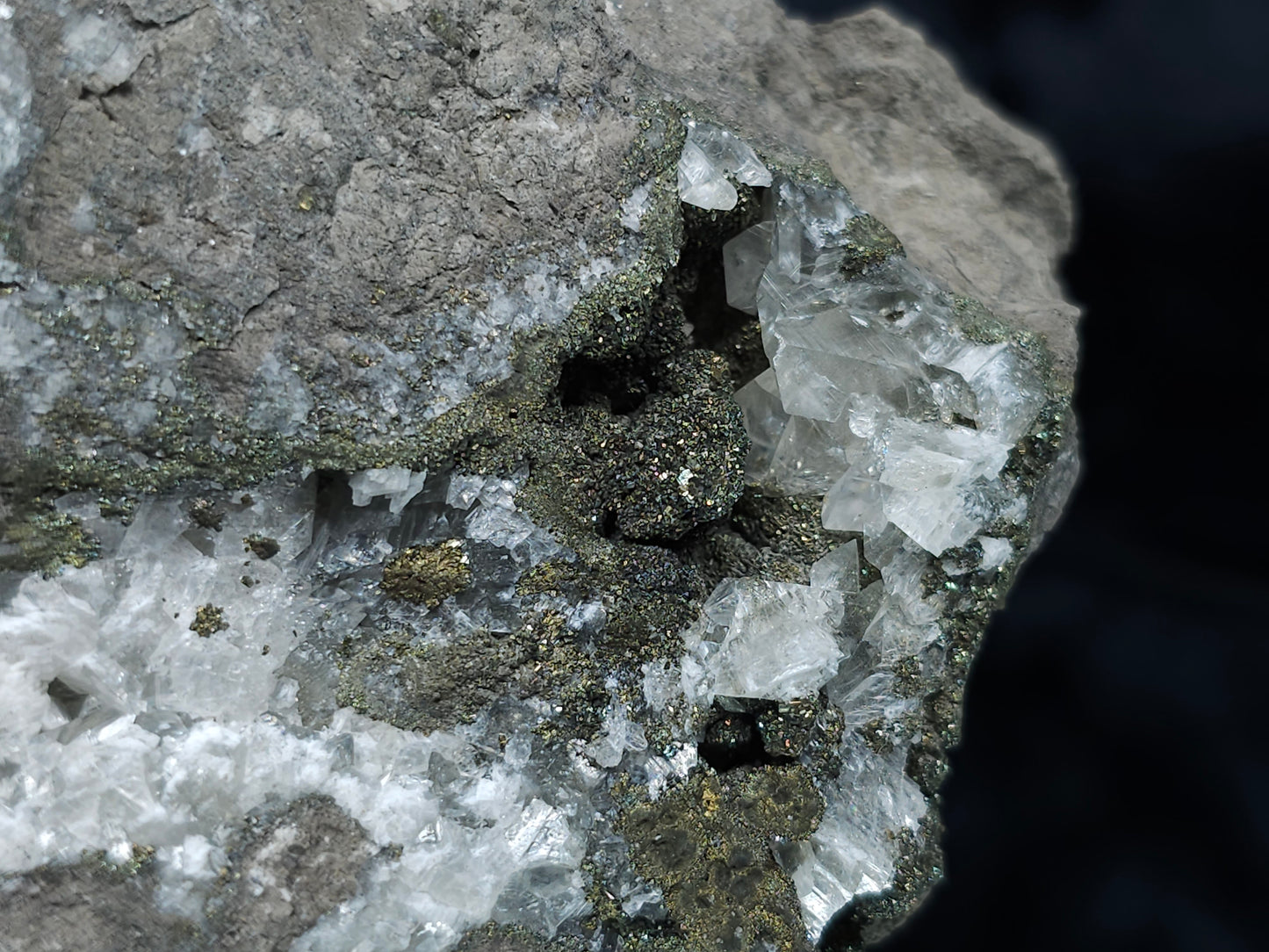 #55006 Clear Baryte crystals after peacock Chalcopyrite ore with multiple fossils in Sedimentary matrix.