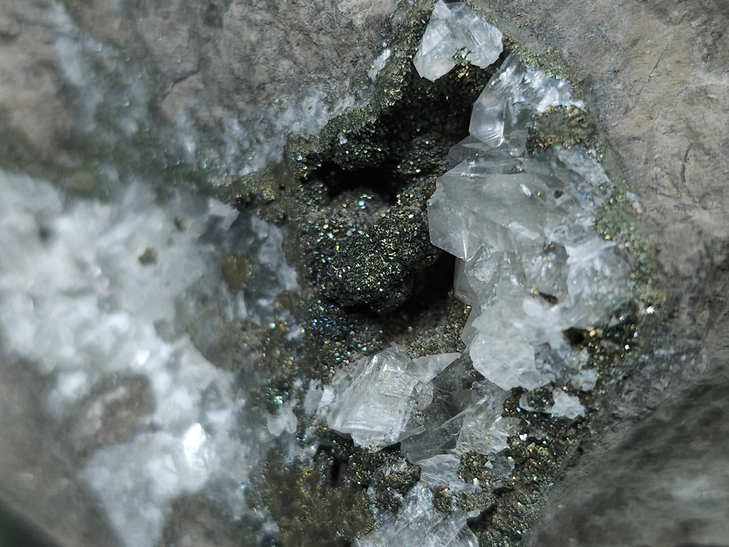 #55006 Clear Baryte crystals after peacock Chalcopyrite ore with multiple fossils in Sedimentary matrix.