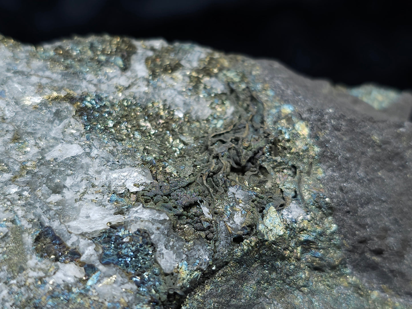 #55015 Fossil flower with peacock ore and golden Chalcopyrite coating and Nailhead Spar Calcite with multiple fossils in the matrix