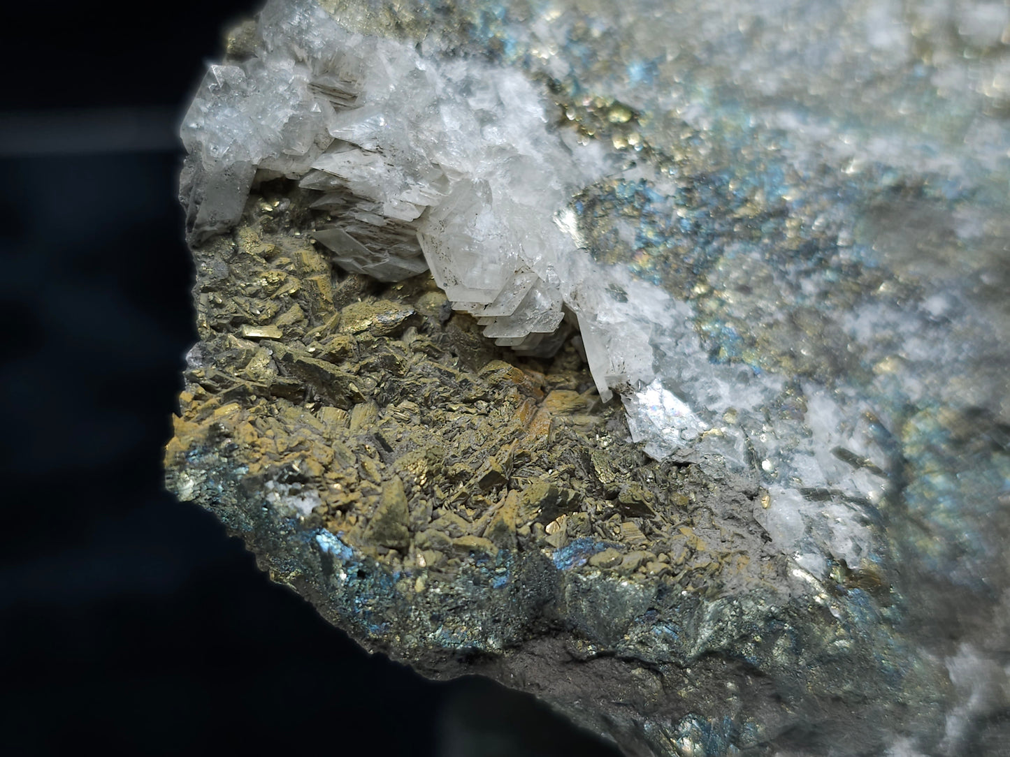 #55015 Fossil flower with peacock ore and golden Chalcopyrite coating and Nailhead Spar Calcite with multiple fossils in the matrix