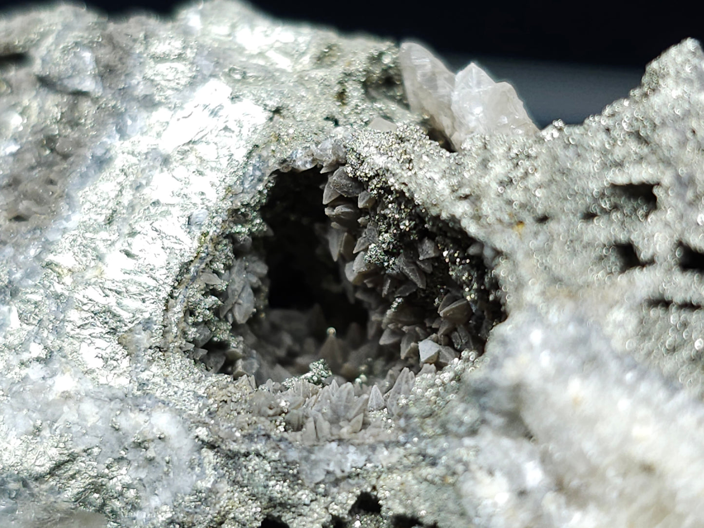 #55020 Chalcopyrite on Dogtooth Spar Calcite on Chalcopyrite flake with Calcite lines peacock ore Chalcopyrite and clear Nailhead Spar Calcite