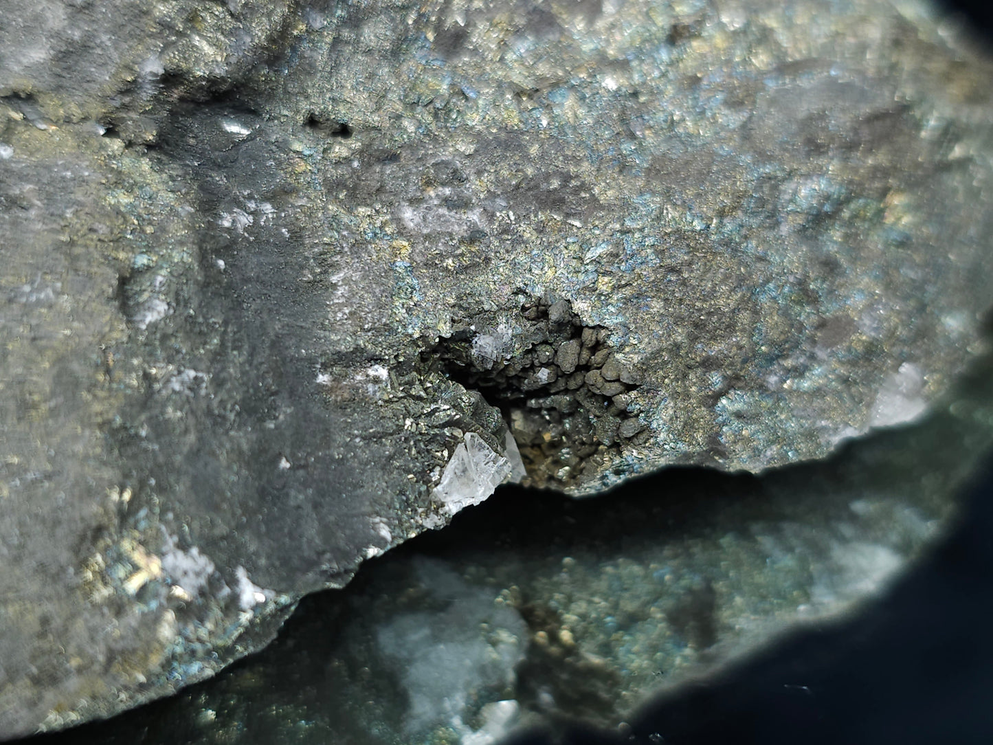 #55021 Marcasite and peacock ore Chalcopyrite, fossil flower with Chalcopyrite coating, Calcite lines and small Calcite pieces