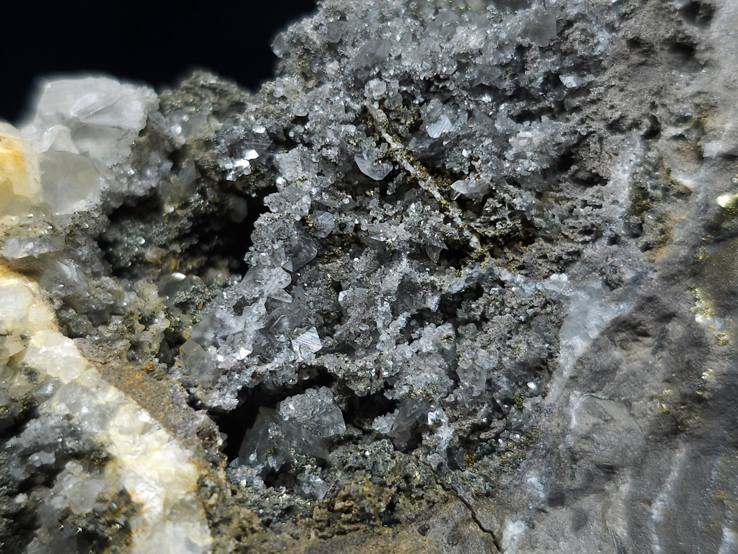 #55022 Peacock ore Chalcopyrite, fossil flower with Chalcopyrite coating, Calcite lines and small Baryte pieces, on matrix that have small fossil in it