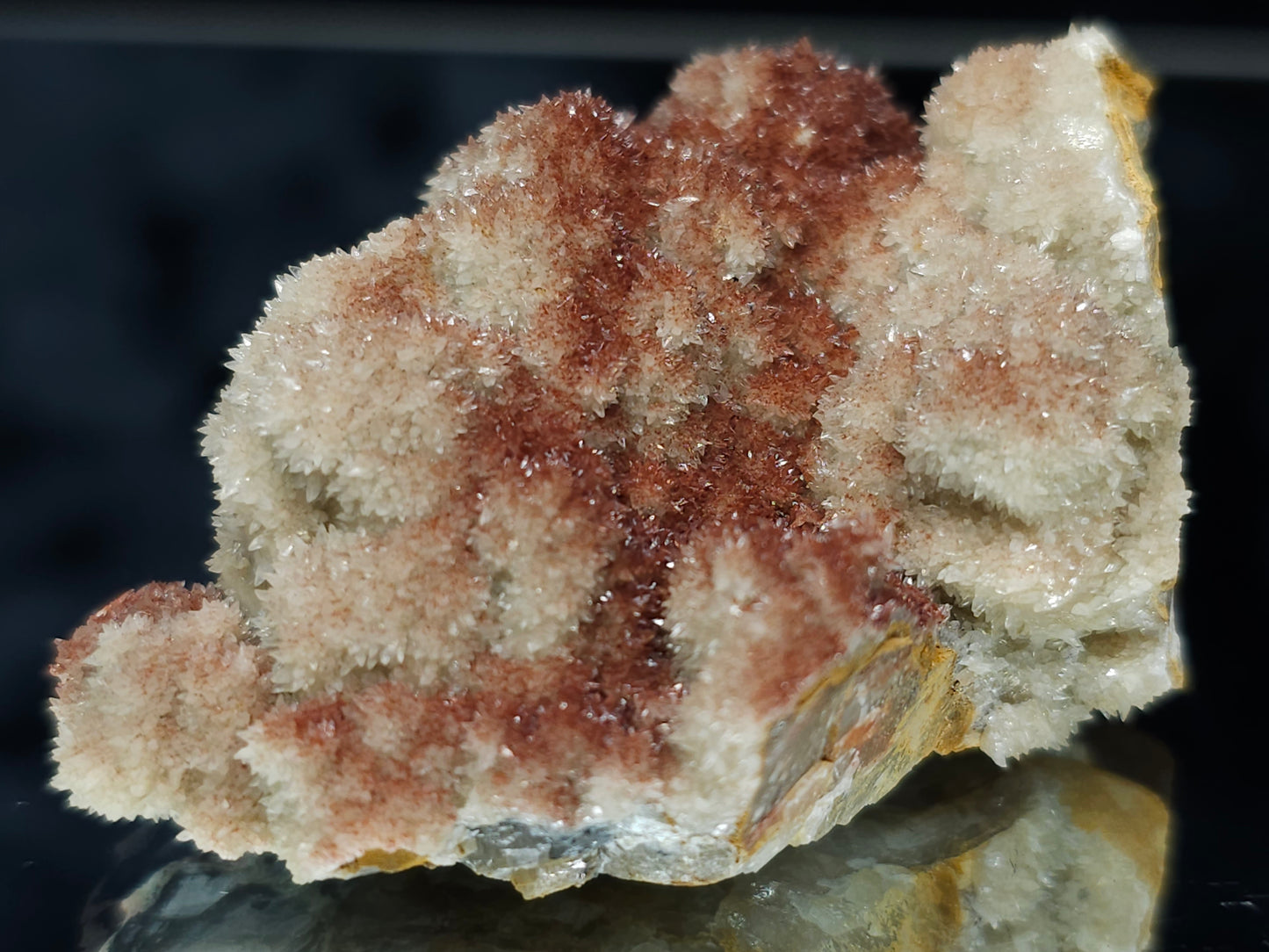 #10026 Dogtooth Spar Calcite flower with Hematite inclusions after cream-white Calcite pseudomorph after unique Calcite formation on Calcite matrix