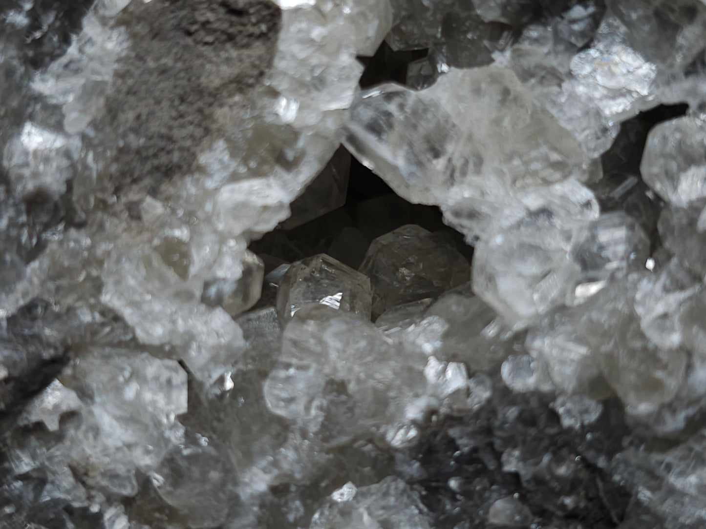 #33129 Super clear Nailhead Spar Calcite geode with Chalcopyrite ore and multiple small fossils in the matrix
