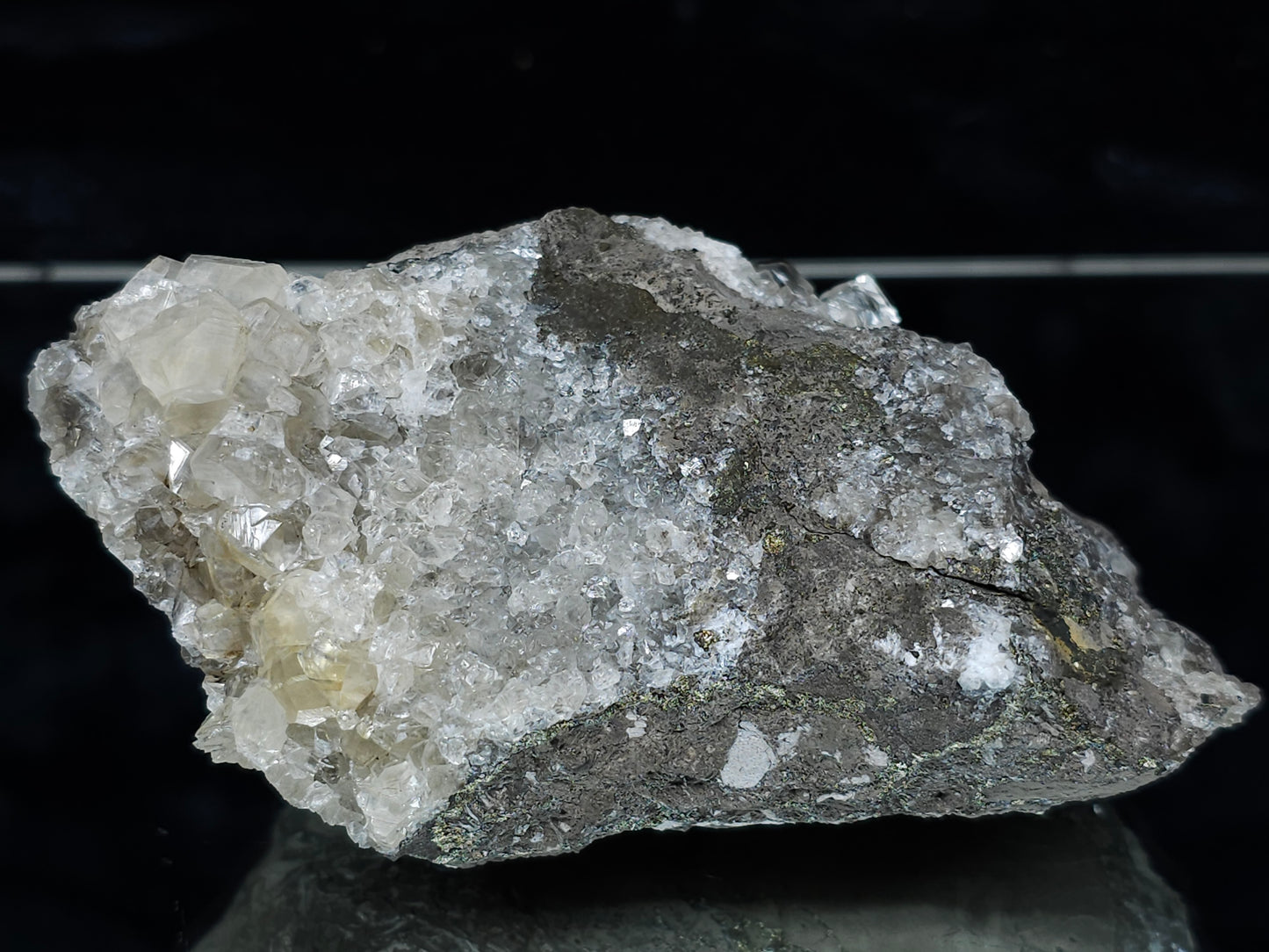 #33138 Super clear Nailhead Spar Calcite cluster with Chalcopyrite ore and multiple small fossils in the matrix