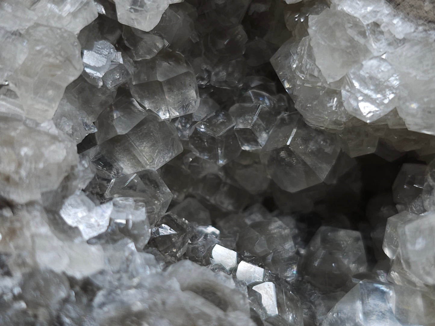 #33131 Super clear Nailhead Spar Calcite geode with Chalcopyrite ore and multiple small fossils in the matrix