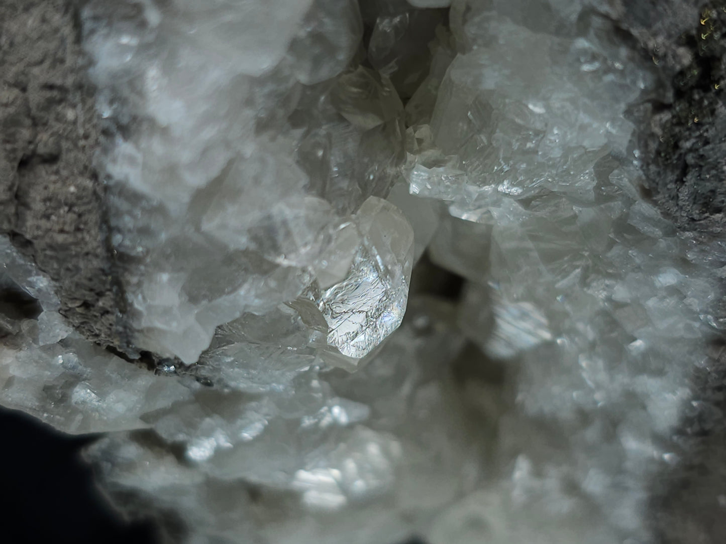 #33135 Super clear Nailhead Spar Calcite cluster with Chalcopyrite ore and multiple small fossils in the matrix