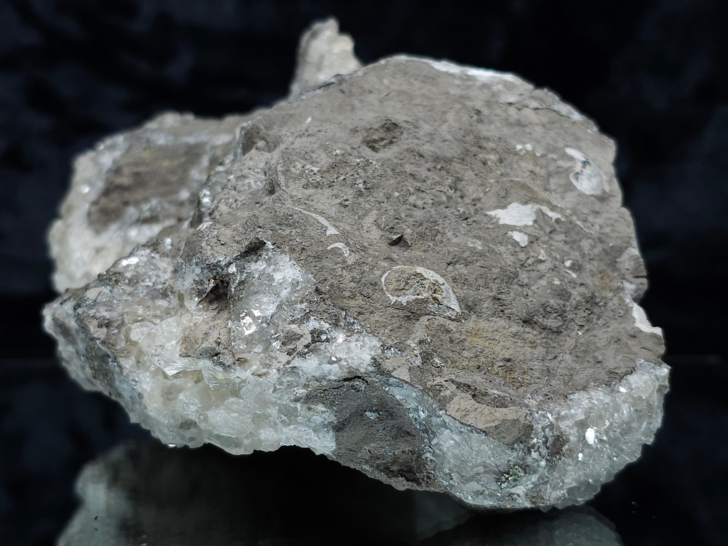 #33149 Super clear Nailhead Spar Calcite geode with Chalcopyrite ore and multiple small fossils in the matrix