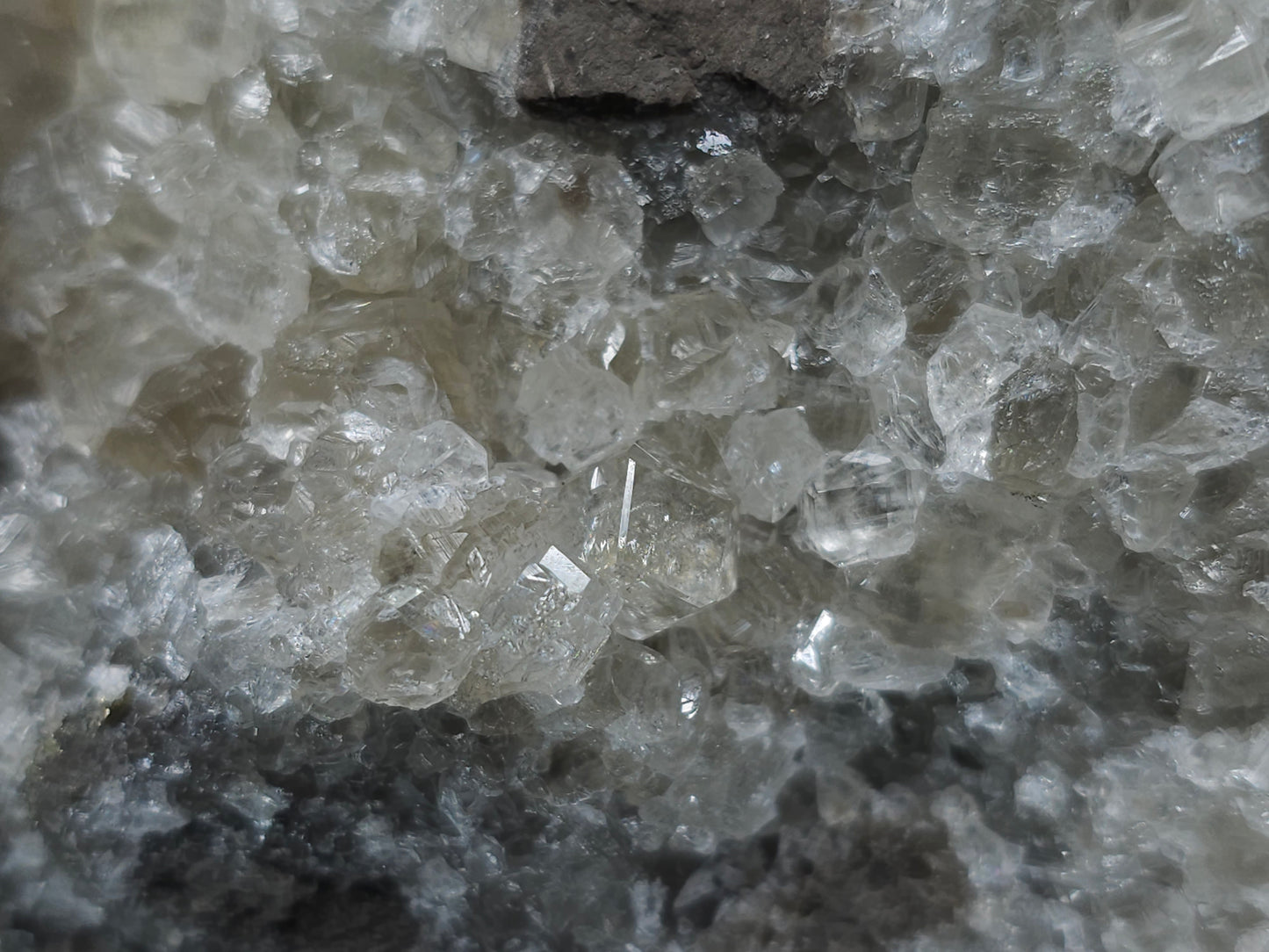 #33148 Super clear Nailhead Spar Calcite cluster with Chalcopyrite ore and multiple small fossils in the matrix