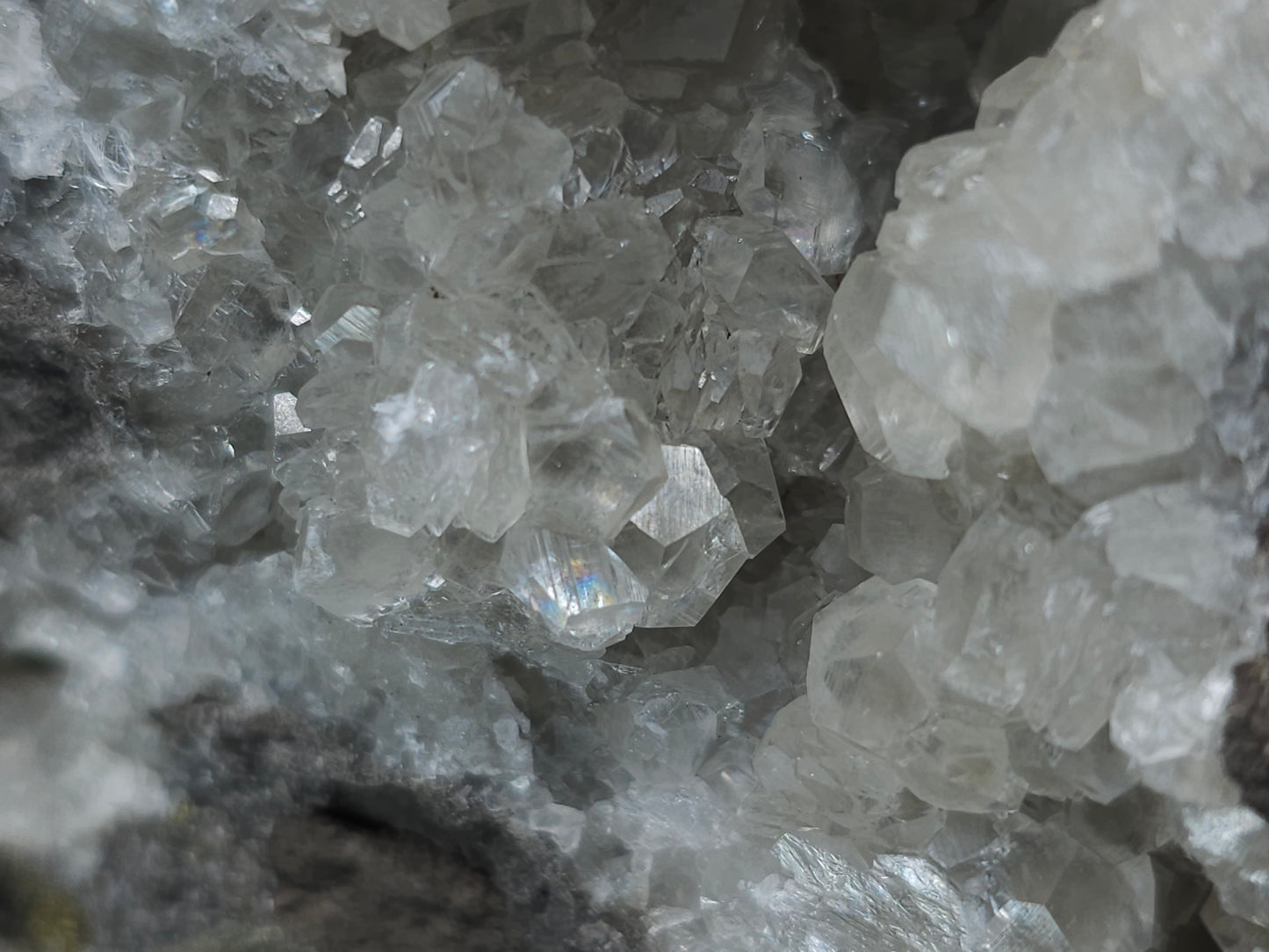 #33137 Super clear Nailhead Spar Calcite geode with Chalcopyrite ore and multiple small fossils in the matrix