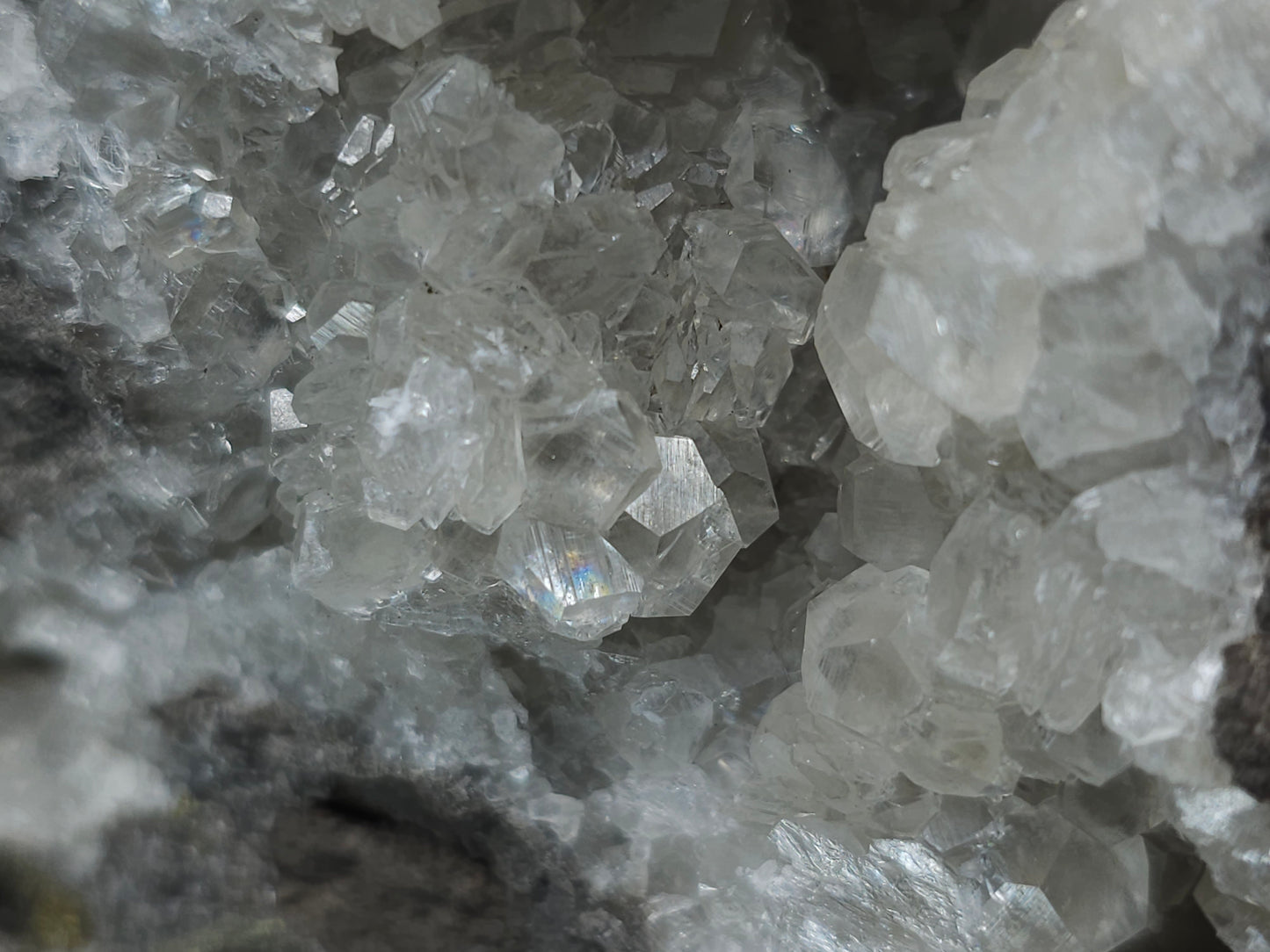 #33137 Super clear Nailhead Spar Calcite geode with Chalcopyrite ore and multiple small fossils in the matrix