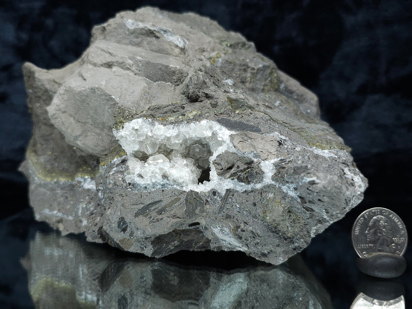 #33136 Super clear Nailhead Spar Calcite geode with Chalcopyrite ore and multiple small fossils in the matrix