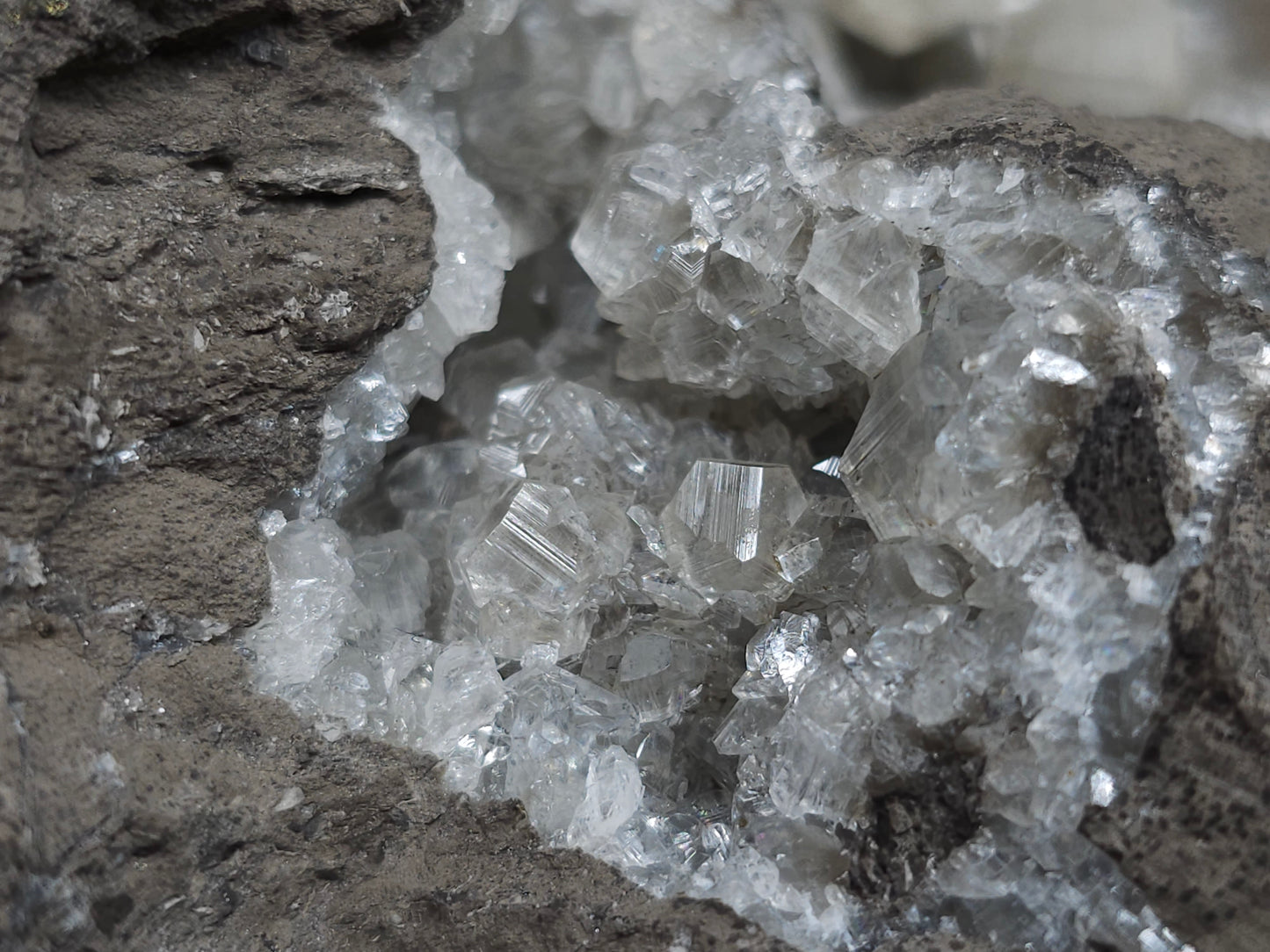#33151 Super clear Nailhead Spar Calcite geode with Chalcopyrite ore and multiple small fossils in the matrix