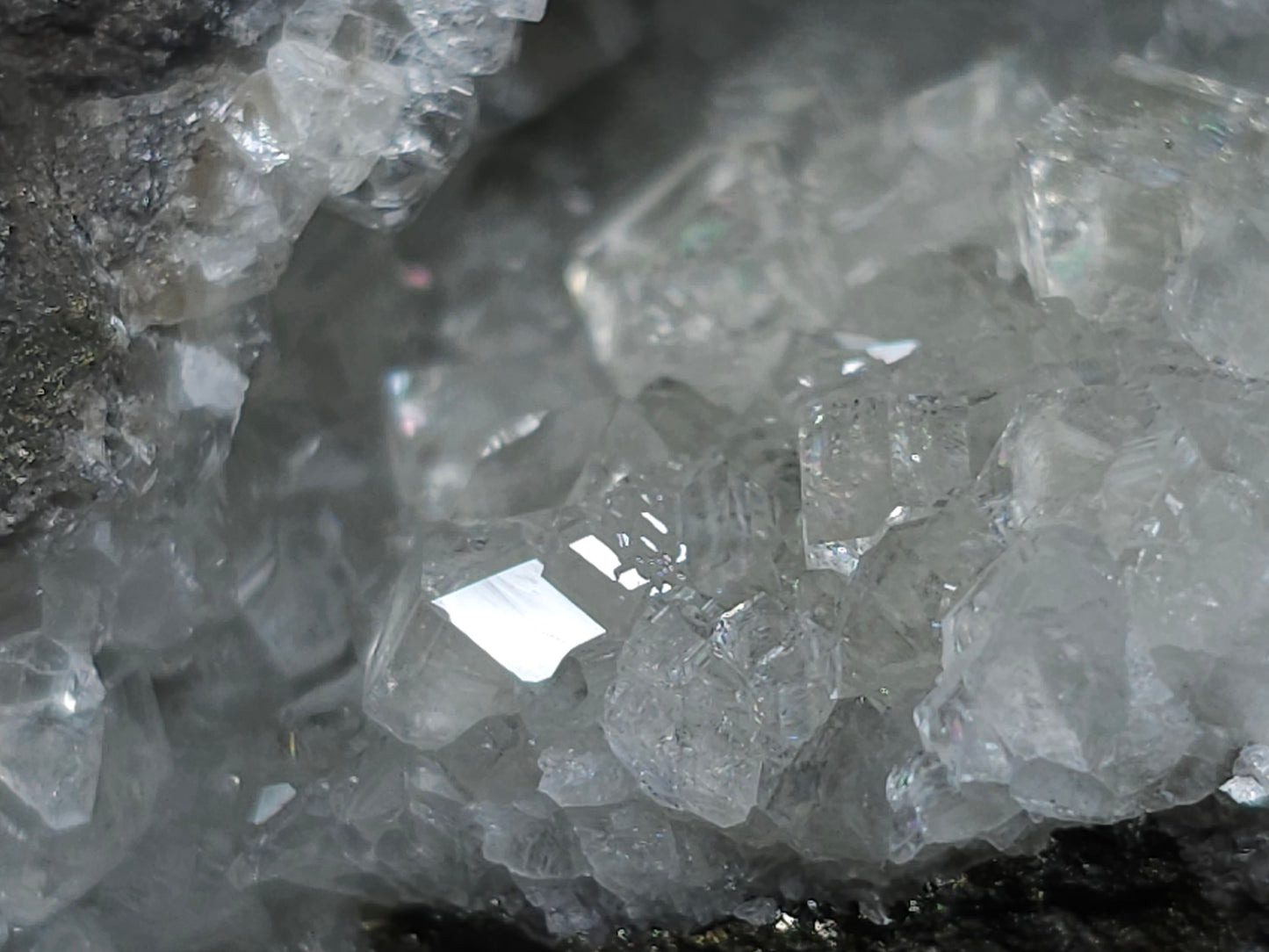 #33159 Super clear Nailhead Spar Calcite geode with Chalcopyrite ore and multiple small fossils in the matrix