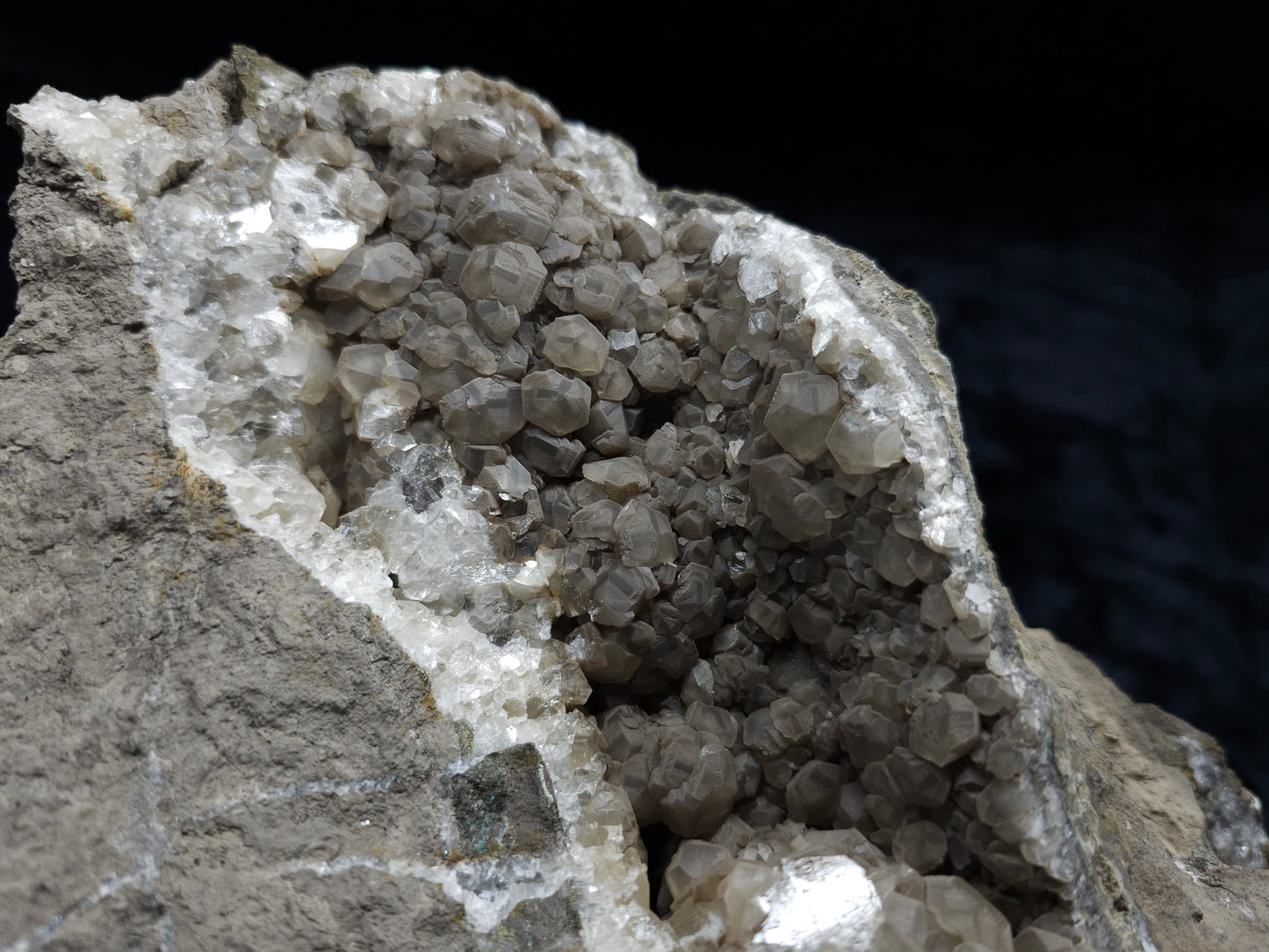 #33175 Double phantom Nailhead and clear Nailhead Spar Calcite cluster with  Chalcopyrite ore and multiple small fossils in the matrix