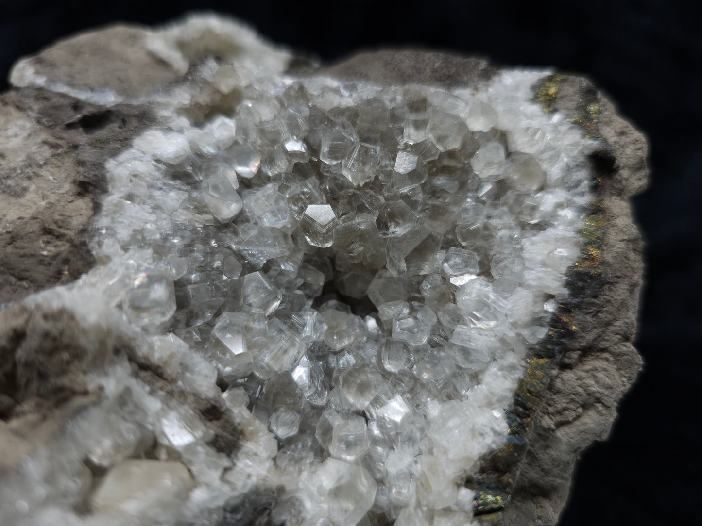 #33176 Special clear Nailhead Spar Calcite cluster with Chalcopyrite ore and multiple small fossils in the matrix