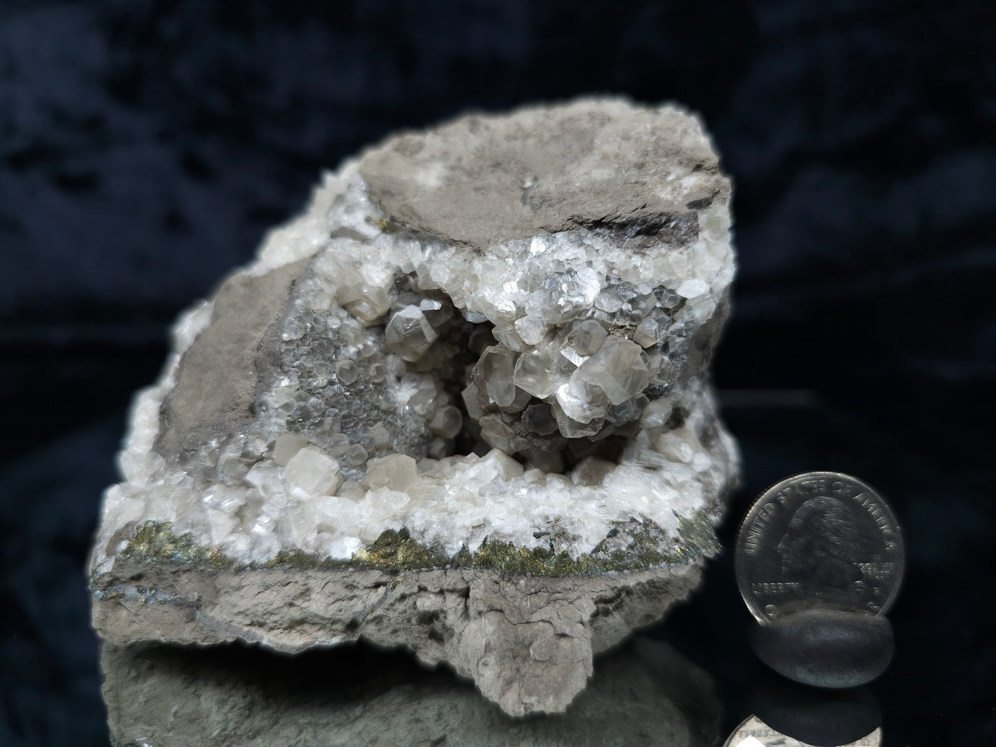 #33177 Double phantom Nailhead and clear Nailhead Spar Calcite geode with Chalcopyrite ore and multiple small fossils in the matrix