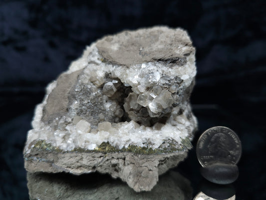 #33177 Double phantom Nailhead and clear Nailhead Spar Calcite geode with Chalcopyrite ore and multiple small fossils in the matrix